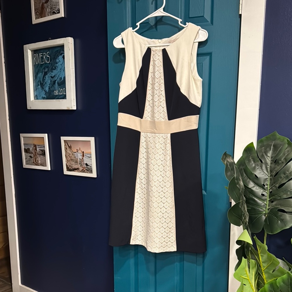 Dress Barn Navy Blue and Cream Sleeveless Dress with lace panel - 10